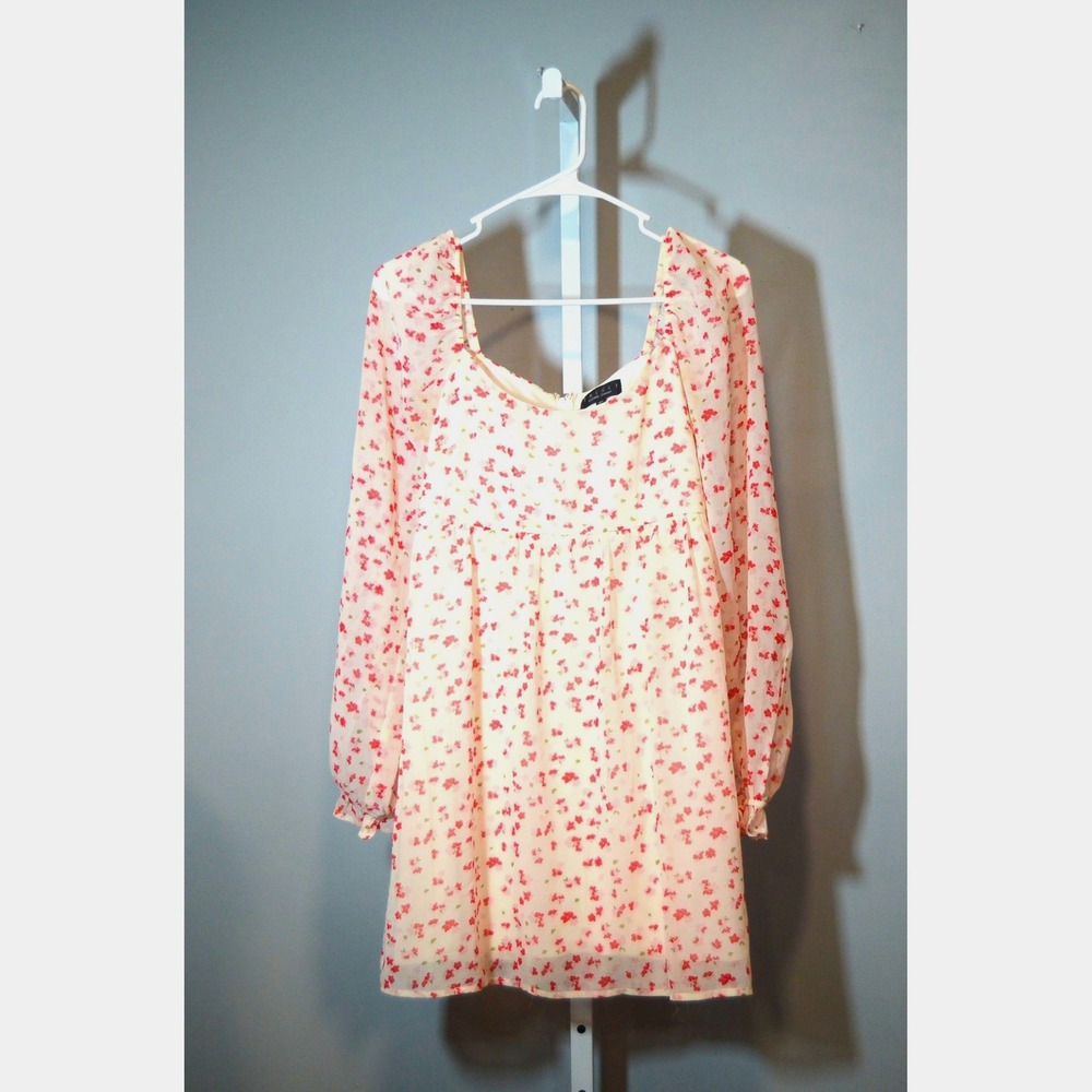 Trixxi XS Cream Pink Floral Chiffon Square Neck Mini Dress Cottagecore Prairie